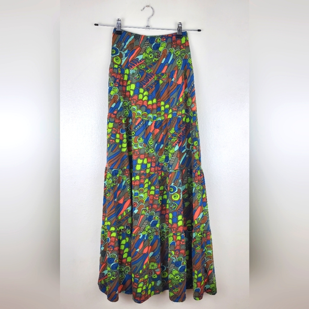 Nikki Poulos Maxi Skirt XS Psychedelic Geometric Print Mermaid Y2K Stretch